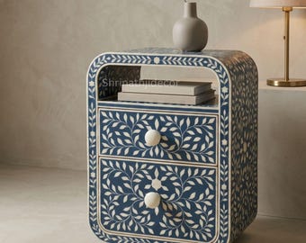 Handmade Bone Inlay Nightstand, Navy Floral Leaf Design, Resin Finish, 2 Drawers, Open Shelf