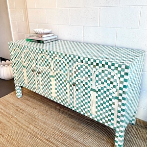Bone Inlay Sideboard: Handmade Green 3-Door Indian Credenza
