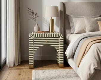 Handmade Black Bone Inlay Nightstand, Striped Art Deco Design, Luxury Living Decor