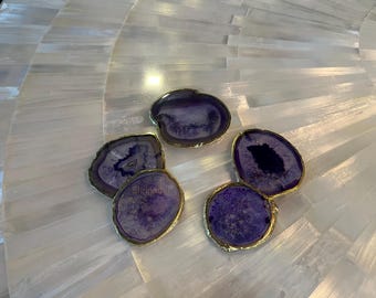 Ensemble de sous-verres, pierre d'agate, lot de 5, bords violets dorés pendaison de crémaillère