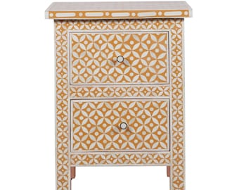 Bone Inlay Bedside Table, 2 Drawer - Geometric Almond