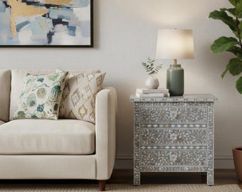 Mother of Pearl Inlay Large 3 Drawer Bedside - Grey Floral