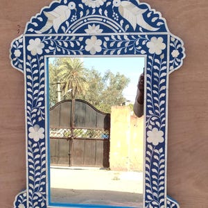 Floral Bone Inlay Wall Mirror: Handmade Waterfall Wood Frame
