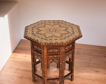 Mesa auxiliar octogonal con incrustaciones de hueso: Madera y hueso de camello hechos a mano.