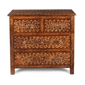 Bone Inlay Chest of Drawers: Vintage Teak Wood Cabinet with Brass Handles