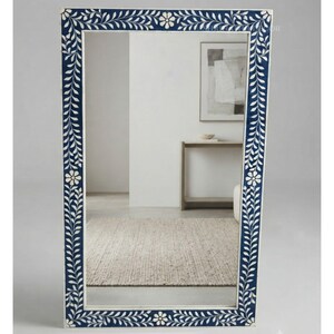 Bone Inlay Mirror, Navy Blue Floral Vine, 48 x 30 Inch Wall Accent