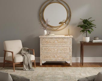 Chest of Drawers | 3 Drawer Dresser | Mother of Pearl Inlay | Luxury Bedroom Storage Furniture