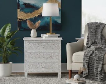 Mother of Pearl Inlay Large 3 Drawer Bedside - White Floral