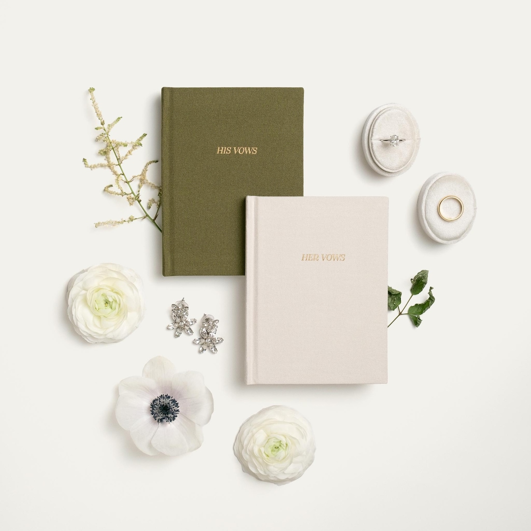 His and Hers Vow Books Set, Olive and Cream Linen Hardcover, Modern Wedding Keepsake