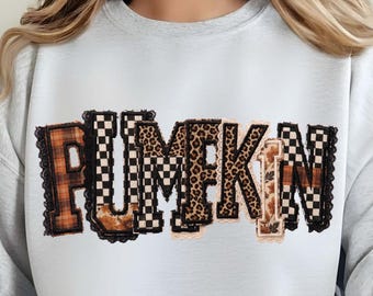 Pumpkin Patchwork PNG, Thanksgiving PNG, Autumn Applique Sublimation Design, Faux Embroidery Plaid Leopard Checker Shirt Graphic sublimation
