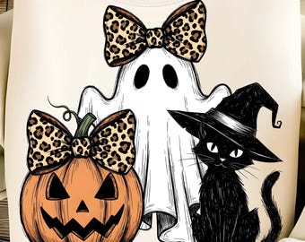 Coquette Ghost Halloween PNG: Leopard Bow, Pumpkin, Black Cat (Digital Download