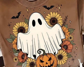 Ghost Flower Pumpkin PNG: Retro Boho Halloween Sublimation (Digital Download)