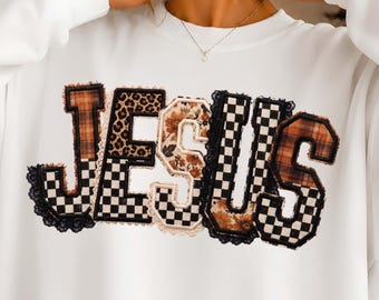 Retro FALL Jesus Patchwork PNG, Christian Leopard Checkered Floral Sublimation Design, Cozy Fall Shirt Graphic, Faith Printable art