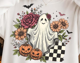 Retro Ghost Floral Sublimation PNG, Halloween Pumpkin Shirt Design, Distressed Checkered Fall Graphic, Spooky Season DTF printing