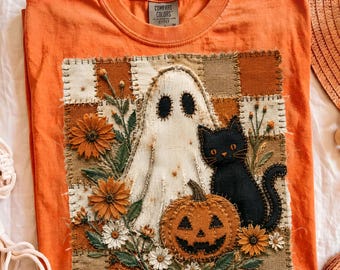 Halloween Patchwork PNG, Ghost Cat Pumpkin Graphic, Rustic Floral preppy distressed, Spooky Fall Sublimation, Vintage Halloween Shirt Print