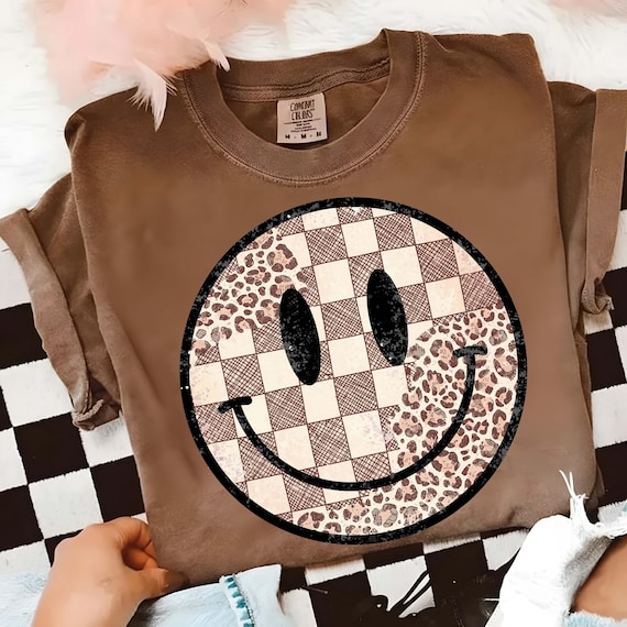 Retro Fall Smiley Face PNG: Leopard Checkered Sublimation (Digital Print)
