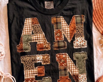 Amen Patchwork PNG, Christian Faith Graphic, Rustic Floral Leopard Sublimation Design, Boho Religious Shirt PNG, Vintage Appliqué Typography