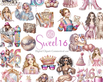 スイートシックスティーン クリップアート セット: ピンクのグリッター バースデー パーティー グラフィック (デジタル ダウンロード)