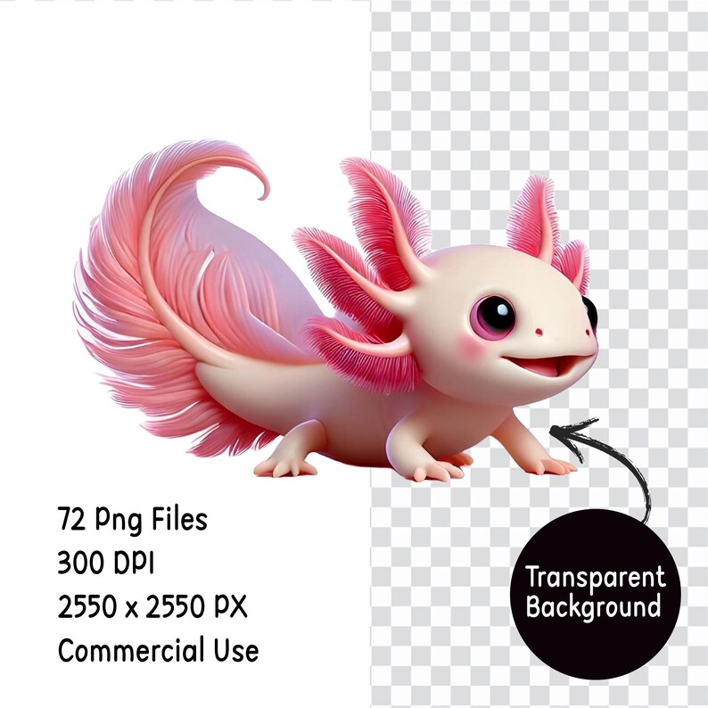 Puede incluir: Ilustraci&oacute;n digital de un ajolote sonriente con branquias rosas y una cola plumosa. El ajolote es de color rosa claro con acentos rosa oscuro. La imagen incluye el texto "72 archivos PNG, 300 DPI, 2550 x 2550 PX, Uso comercial" y un c&iacute;rculo negro con "Fondo transparente".