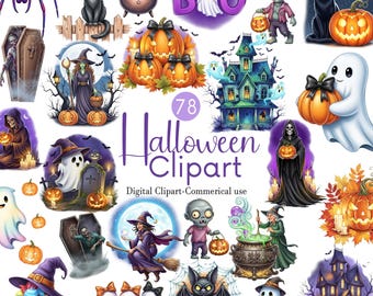 Halloween Clipart Bundle: Spooky Ghosts, Witch, Cat - 78 PNG Files (Digital Download)