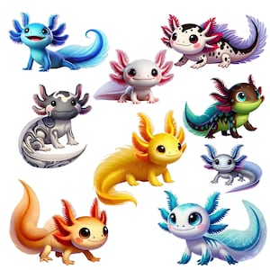 Puede incluir: Una colecci&oacute;n de ilustraciones de dibujos animados de ajolotes en varios colores, incluyendo azul, blanco, amarillo y naranja. Cada ajolote tiene branquias detalladas y una expresi&oacute;n sonriente, con patrones y dise&ntilde;os &uacute;nicos en sus cuerpos.