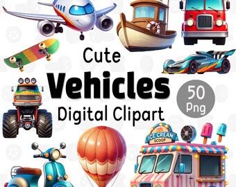 Paquete de imágenes prediseñadas de vehículos animados en 3D: 50 archivos PNG para uso comercial (descarga digital)
