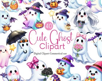 Cute Ghost PNG Clipart Bundle, Halloween Spooky Designs (Digital Download)
