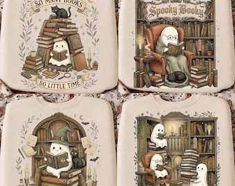 Spooky Ghost PNG Designs, Retro Halloween Books Sublimation Design, Cute Ghost Reading PNG, Trendy ghost read png, Trending dtf transfer