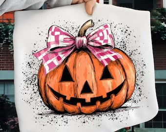 Preppy Halloween Pumpkin PNG: Pink Floral, Checkered Bow, homemade png (Digital Download)