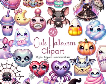 Pacchetto di clipart kawaii di Halloween: fantasmi pastello, zucche, streghe (download digitale PNG)