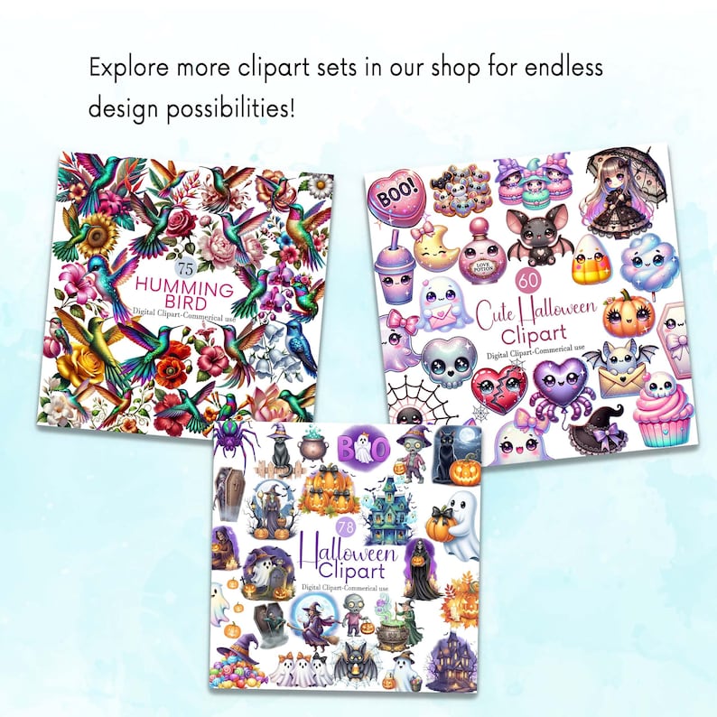 Puede incluir: Se muestran tres conjuntos de im&aacute;genes predise&ntilde;adas digitales: un conjunto de colibr&iacute;es con el texto "75 Humming Bird", un conjunto de Halloween con el texto "78 Halloween Clipart" y un conjunto de Halloween lindo con el texto "60 Cute Halloween Clipart". La imagen tambi&eacute;n incluye el texto "Explore more clipart sets in our shop for endless design possibilities!"