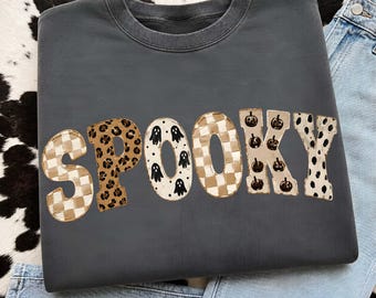 Faux Oil Painted Spooky png, Leopard checkered trendy design, Typography Graphic Sublimation, Fall Halloween Shirt PNG, Trending Girly Print