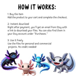 Puede incluir: Imagen con el texto &laquo;C&Oacute;MO FUNCIONA:&raquo; e instrucciones para comprar y descargar archivos. La imagen tambi&eacute;n presenta cuatro ajolotes de dibujos animados en varios colores, incluyendo negro, rosa y azul.