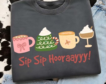 Sip Sip Hooray PNG, Christmas Coffee Cup Sublimation Designs, Holiday Coffee Lover Shirt, Cute Christmas Drink Graphic, Winter Coffee PNG
