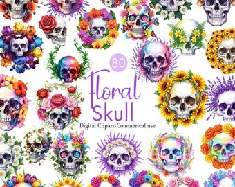 Floral Skull Clipart Bundle: Gothic PNG, Commercial Use