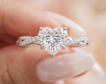 Anillo de compromiso de moissanita talla corazón de plata 925, anillo de aniversario de boda con banda retorcida pavé