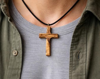 Hand Carved Olive Wood Cross Necklace, Rustic Christian Pendant, Spiritual Jewelry (2 Inch)
