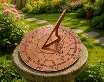 Cadran solaire de jardin finition cuivre | Décoration extérieure en métal gravé d'une boussole