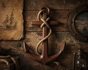 May include: A wooden anchor with rope wrapped around it is mounted on a weathered wooden wall. A nautical map, a ship's porthole, and a lantern are also visible, creating a vintage maritime theme.