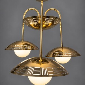 Mid-Century Modern Brass Chandelier | 3 Frosted Globe Pendant Light Fixture