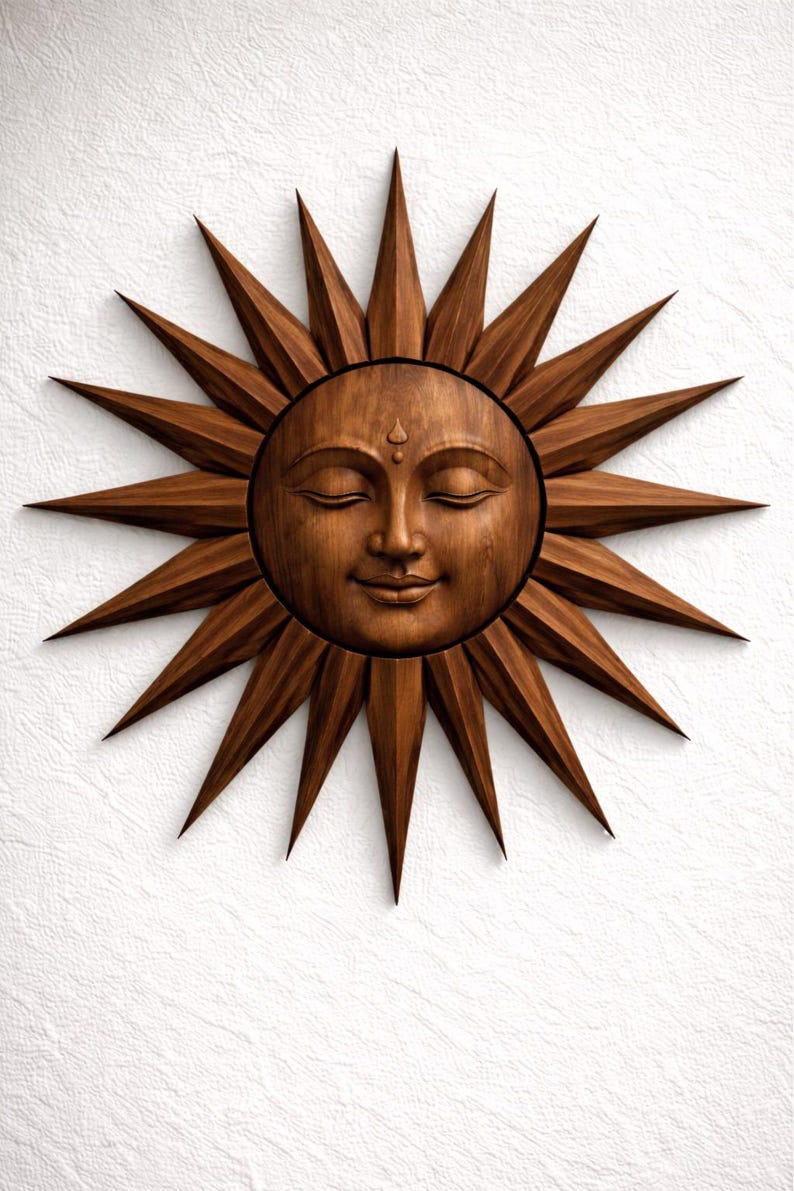Hand Carved Teak Sun Face Wall Art, Rustic Wooden Sunburst Sculpture ...