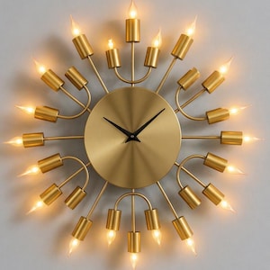 May include: A gold-colored wall clock with a sunburst design. The clock features a circular face with black hands and is surrounded by 24 light fixtures that resemble candles. The lights are illuminated, creating a warm glow.