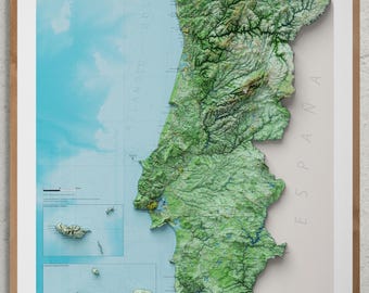 Portugal Topographic Map - High Resolution (minimal w/ Madeira & Azores)