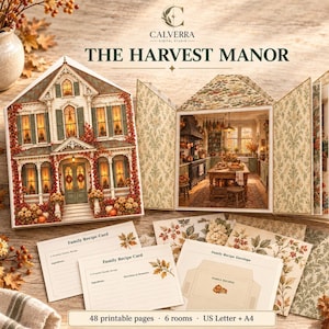Może przedstawiać: Zestaw do druku zatytułowany The Harvest Manor zawierający teczkę w kształcie domu, scenę wnętrza kuchni oraz karty z przepisami. Zestaw zawiera 48 stron do druku, 6 pokoi i jest sformatowany do rozmiarów US Letter oraz A4 z jesiennymi wzorami.