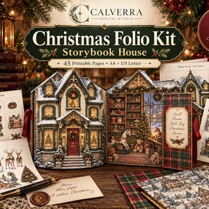 May include: A Christmas Folio Kit Storybook House printable craft set featuring 45 pages in A4 and US Letter sizes. The kit includes illustrated tags, a house structure, assembly guides, and decorative paper with festive holiday imagery.