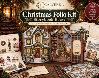 Christmas Junk Journal Kit, 45-Page Foldable Paper House Folio, Vintage Storybook Printable