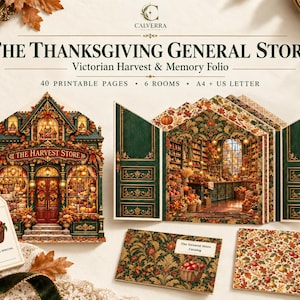 May include: A printable paper craft kit titled The Thanksgiving General Store Victorian Harvest & Memory Folio, featuring 40 pages, 6 rooms, and A4 or US letter sizing. Includes a store facade, interior room scenes, a gift tag, and patterned paper.