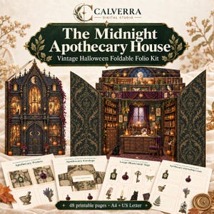 Op de afbeelding: De opvouwbare vintage Halloween folio kit The Midnight Apothecary House van Calverra Digital Studio bevat een gotische gevel, een interieur van een apotheek en printbare pagina's met zakjes, enveloppen, labels en journaling kaarten.