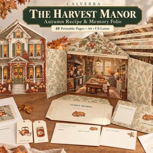 May include: The Harvest Manor Autumn Recipe & Memory Folio printable kit includes 48 pages in A4 and US Letter sizes. It features a house-shaped folder, recipe cards, and tags decorated with autumn-themed illustrations of kitchens and food.