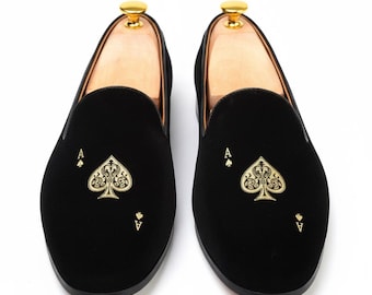 Black Velvet Loafers - Gold Ace of Spades Embroidered Slip-Ons